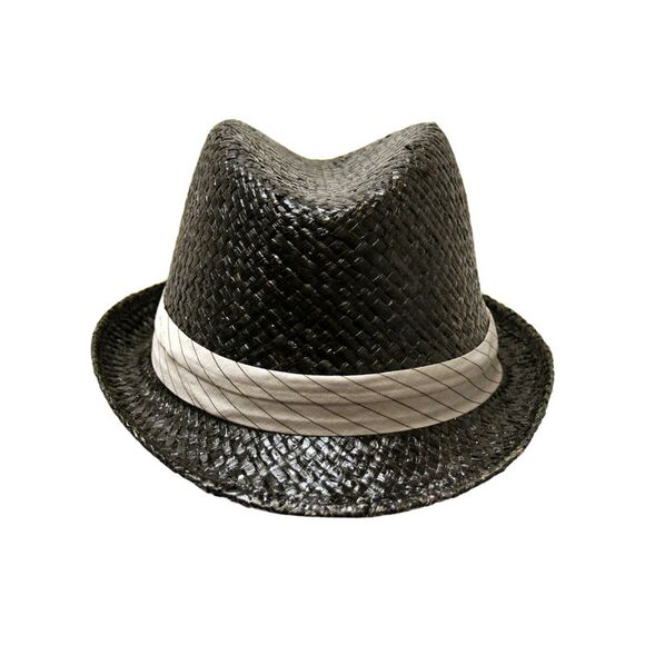 Black Woven Fedora Hat With Pinstriped Hat Band - Picture 9 of 9